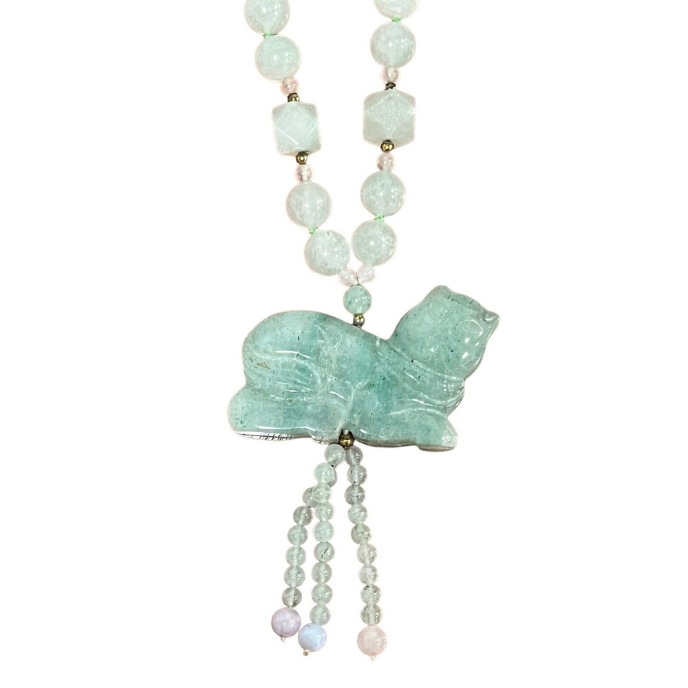 Light Green Jade Hand Knotted Carved Cat Pendant Tassels Round Square Necklace